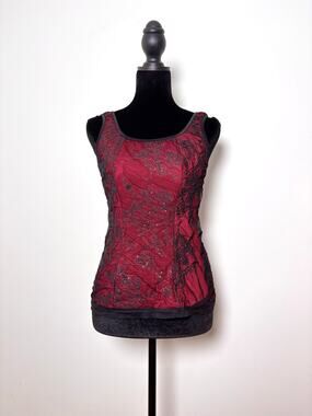Vtg Y2K JTB Red Black Floral Lace Metallic Overlay Fairycore Gothic Corset Top